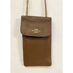 Coach Leather Signature Phone Mini Crossbody Brown Gold Logo Gold Chain